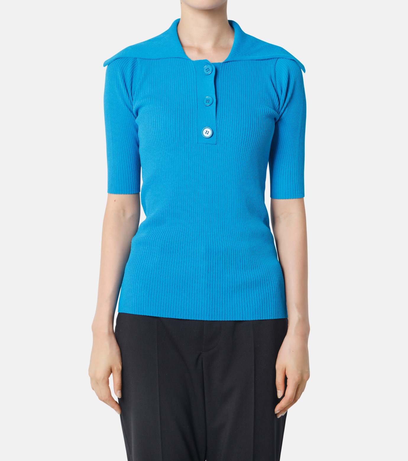 ル シェル ブルー - LE CIEL BLEU | Big Collar Rib Knit Top-Light