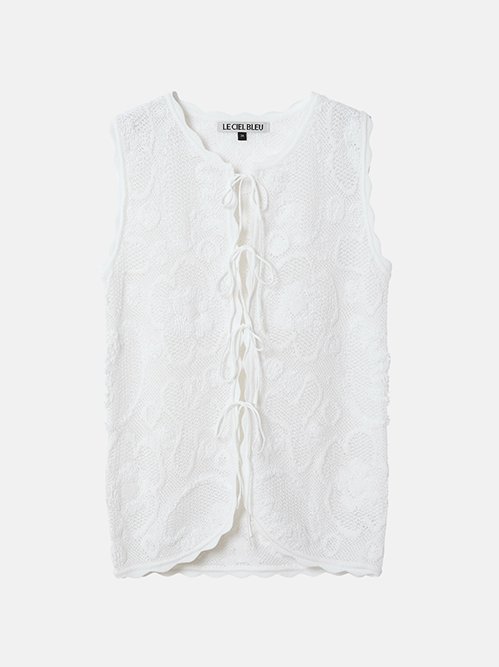 Jacquard Knit Vest w/Ribbon Tie Front