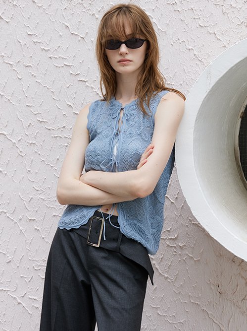 Jacquard Knit Vest w/Ribbon Tie Front