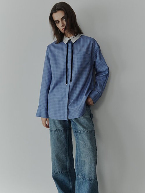 Sheer Checkered Shirt w/Contrast Collar