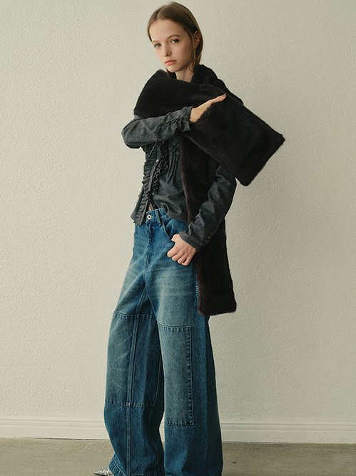 ☆美品☆ルシェルブルー アンゴラ混 ブルゾン フレア コート　ゆったり Aライン セール】 アンゴラウール デザインフード付スタンドステンカラー