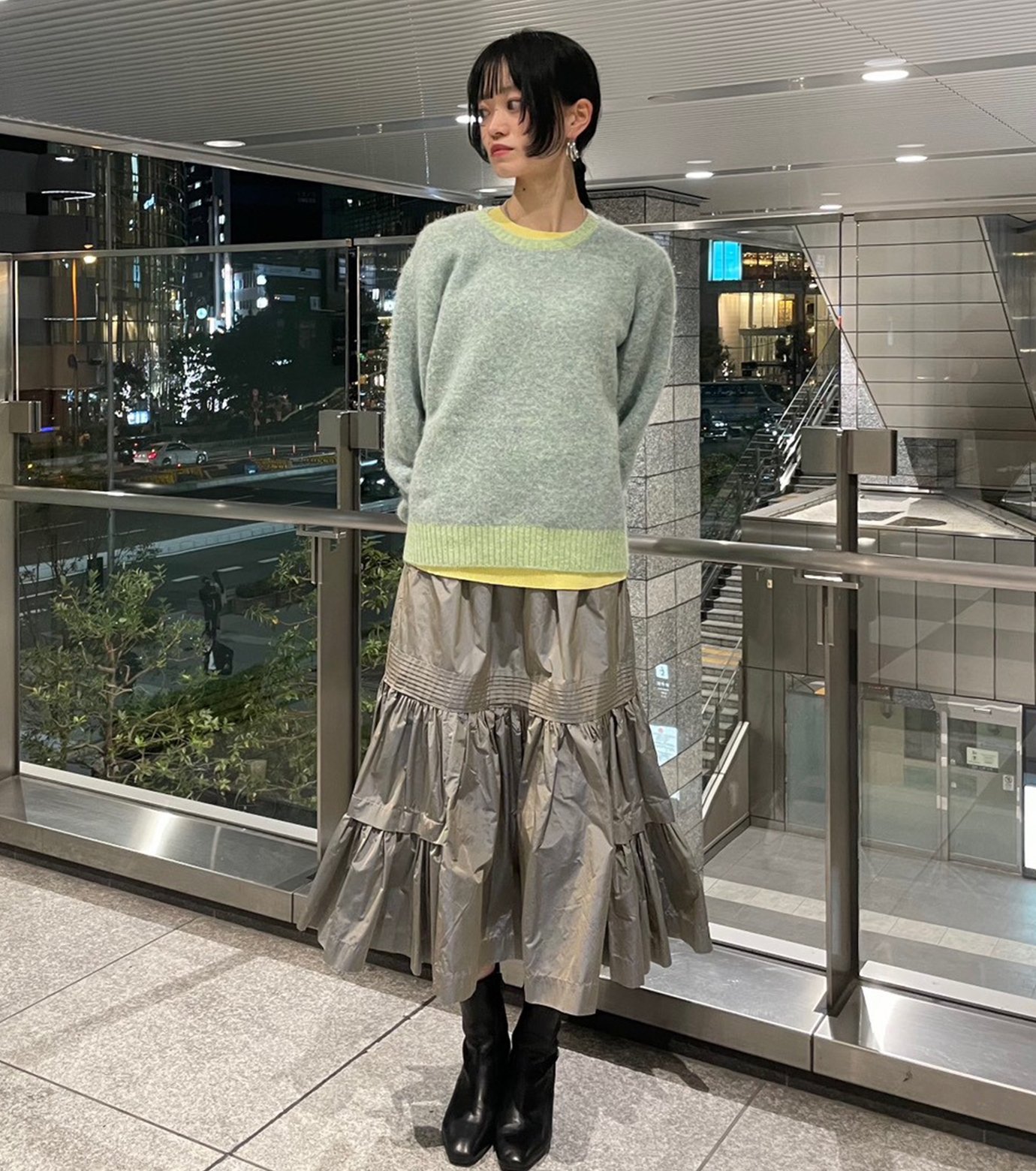 CFCLアイスグレーフルーテッドスカートmamecabanenfoldtomo ル シェル ブルー - LE CIEL BLEU | 【ウエストゴム】Taffeta Gathered