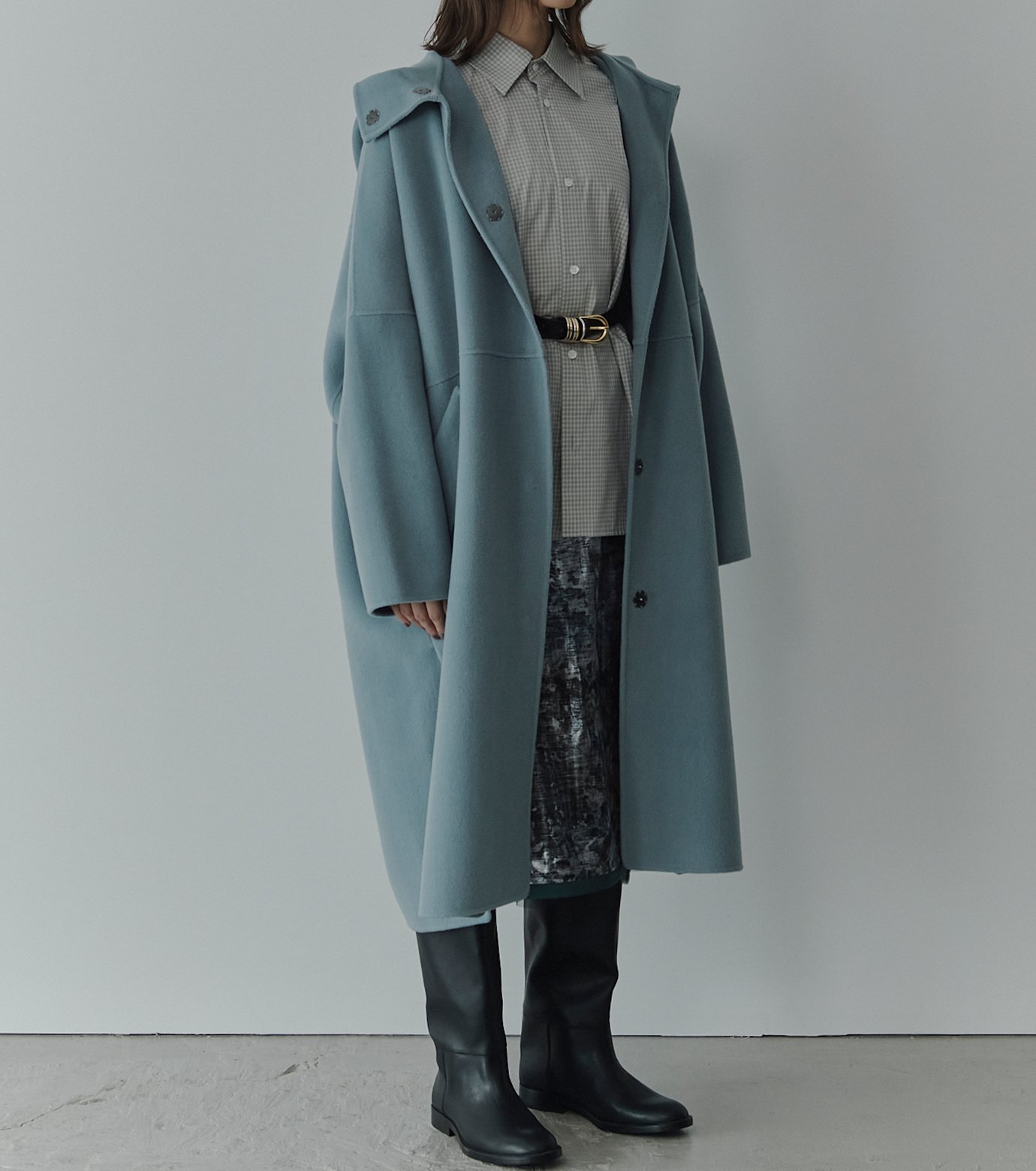 LE CIEL BLEUのウールケープコート ポンチョロングコート シェルブルー ル シェル ブルー - LE CIEL BLEU | Hooded Double-Face Coat-Light