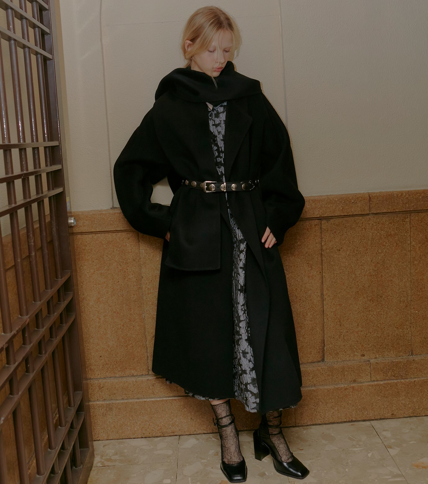 ルシェルブルー ロングコート ベルテッド ベルト ウール ブラック 黒