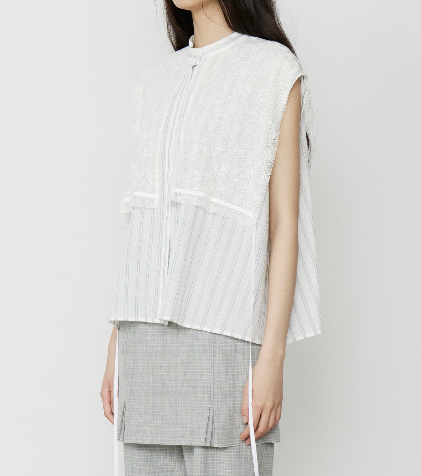 美品✨ルシェルブルー ストライプシャツ 袖リボン 比翼ボタン36 M ル シェル ブルー - LE CIEL BLEU | Striped Sleeveless Shirt