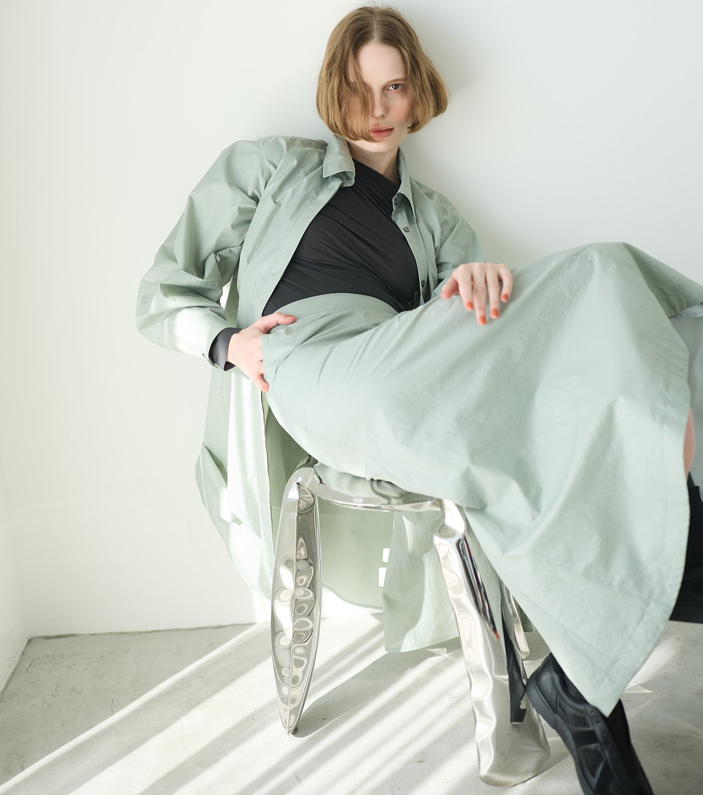 未使用 LE CIEL BLEU ナイロンレザーシャツドレス 36 LE CIEL BLEU｜ナイロンレザーシャツドレス / Nylon Lether Shirts