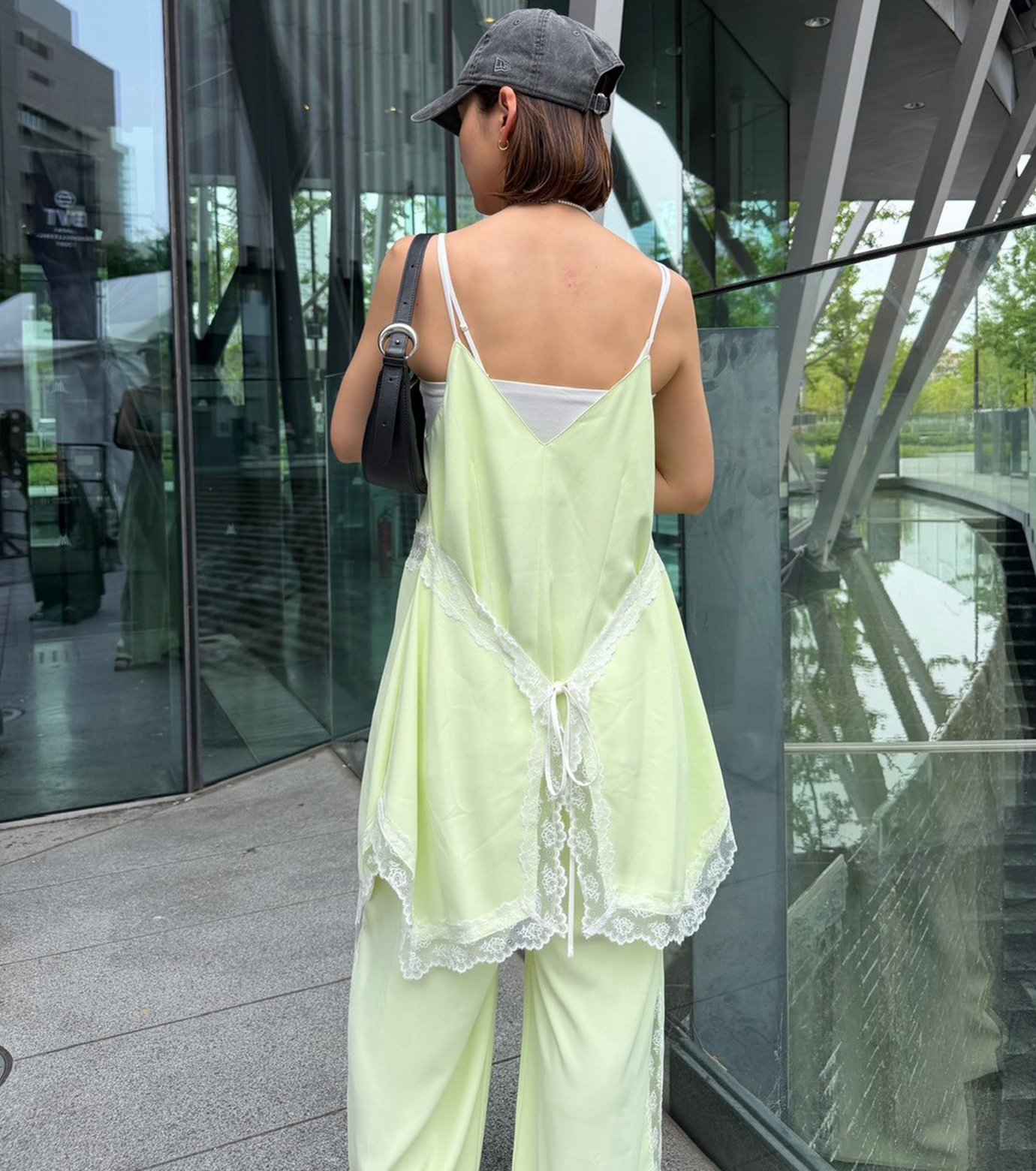 【2点セット】Chalmiere クロスモチーフJSK グリーン ペチコート ル シェル ブルー - LE CIEL BLEU | Lace-Trim Georgette Cami