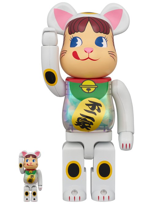 MEDICOM TOY BE@RBRICK 招き猫 ペコちゃん 白メッキ 蓄光ミルキー入り 100％ & 400％