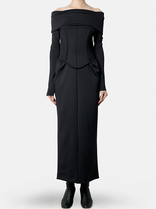 fetico GAUZE SHIRRED OFF SHOULDER DRESS