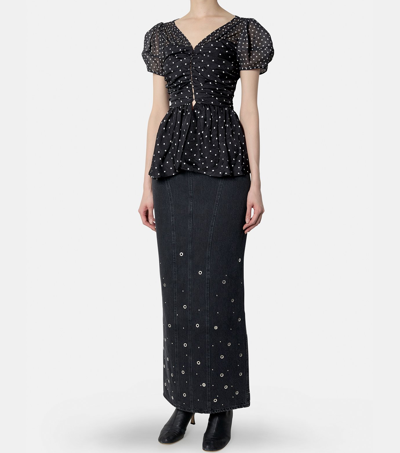 フェティコ - FETICO | Puff Sleeve Gathered Blouse-Black-2の
