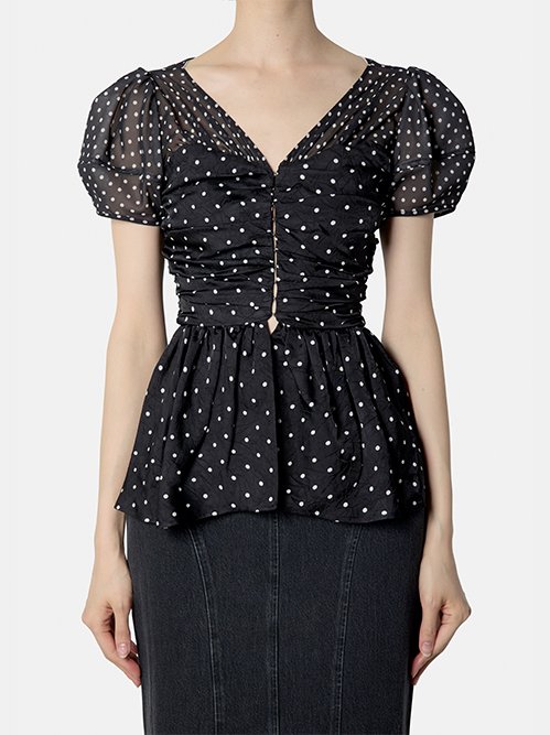 フェティコ - FETICO | Puff Sleeve Gathered Blouse-Black-1の