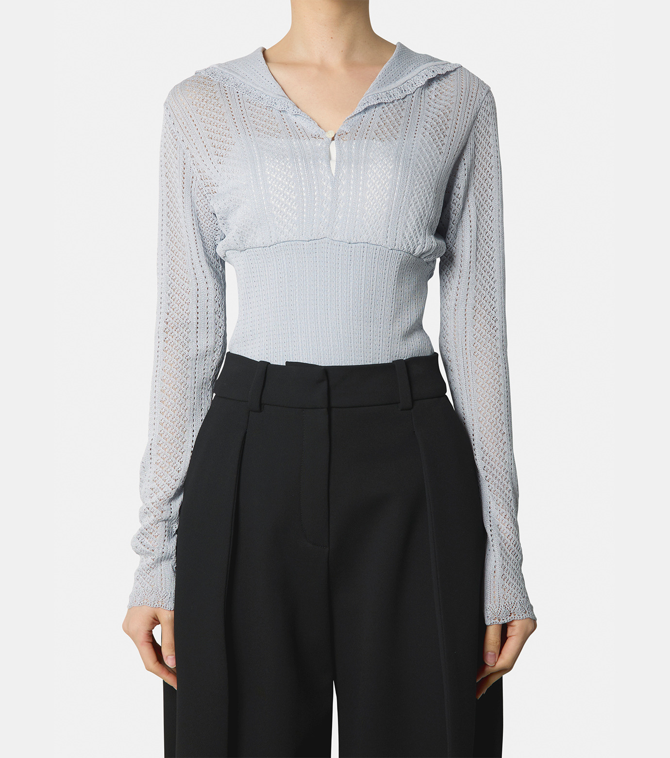 フェティコ - FETICO | Lace Knit Sailor Collar Bodysuit-Light